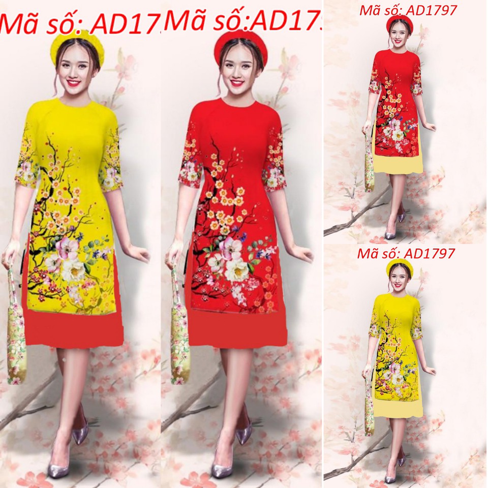 ⚡️ có big size 5XL ⚡️ AD1797 Set áo dài cách tân họa tiết hoa đào tay lỡ kèm váy