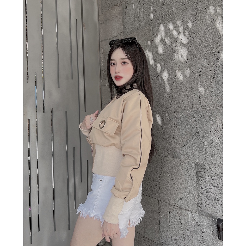 Áo Khoác Croptop Chất Liệu Phi Lụa Phối Túi Khoen Sang Chảnh Mẫu Viền Tay Cá Tính Bomber Chống Nắng Chống Tia Cực Tím