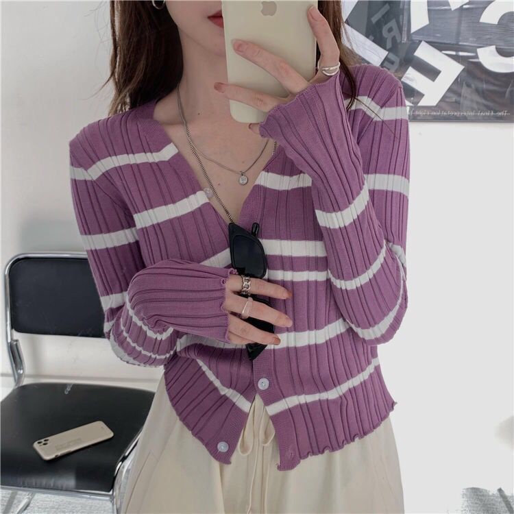 Áo cardigan dệt kim tay dài ôm dáng vừa vặn cổ chữ V họa tiết kẻ sọc thời trang dành cho nữ