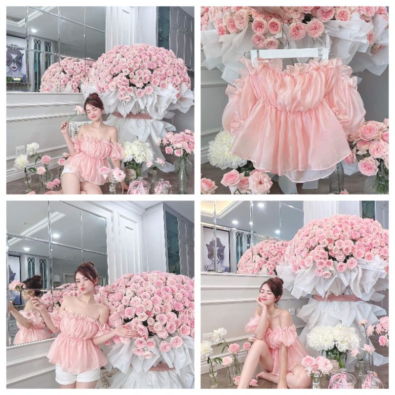 Áo kiểu Hàn Quốc Thu Hương, áo trễ vai tơ nến siêu xinh alohashop91