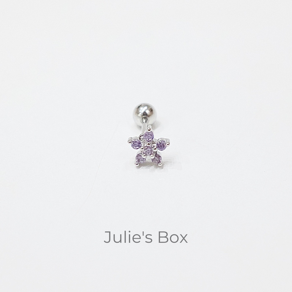 [1 Chiếc] Khuyên Tai Titan Hoa 5 Cánh Đá Tím Unisex Màu Bạc Đuôi Bi Không Ngứa Bông Tai Julies Box 66