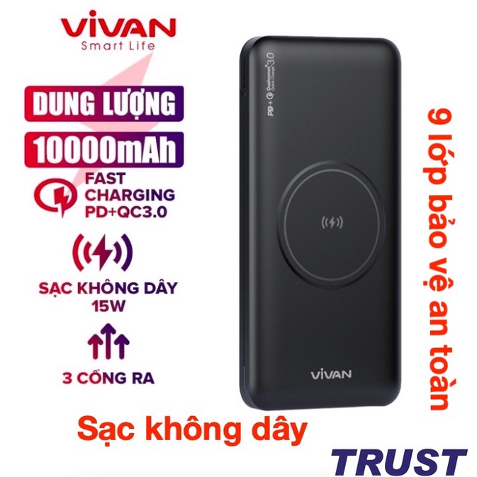 Pin Sạc Dự Phòng  Không Dây Sạc Nhanh 10000 mAh 18W - VIVAN VPB-W11 3Output Chuẩn QC3.0 PD Hỗ trợ iphones 13 Chính Hãng