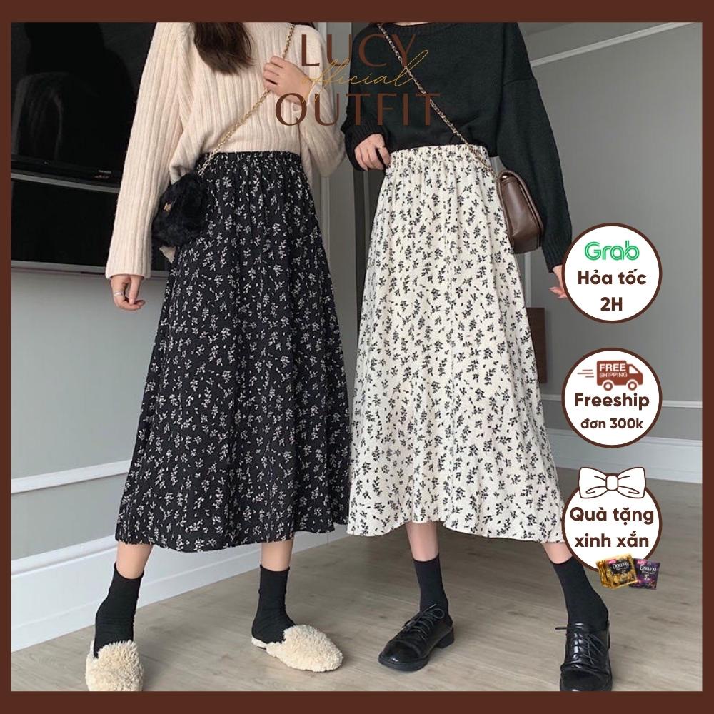 [Quà tặng là dây chun buộc tóc nữ] Chân váy midi hoa nhí 2 màu đen trắng phong cách ulzzang Lucy Outfit thiết kế