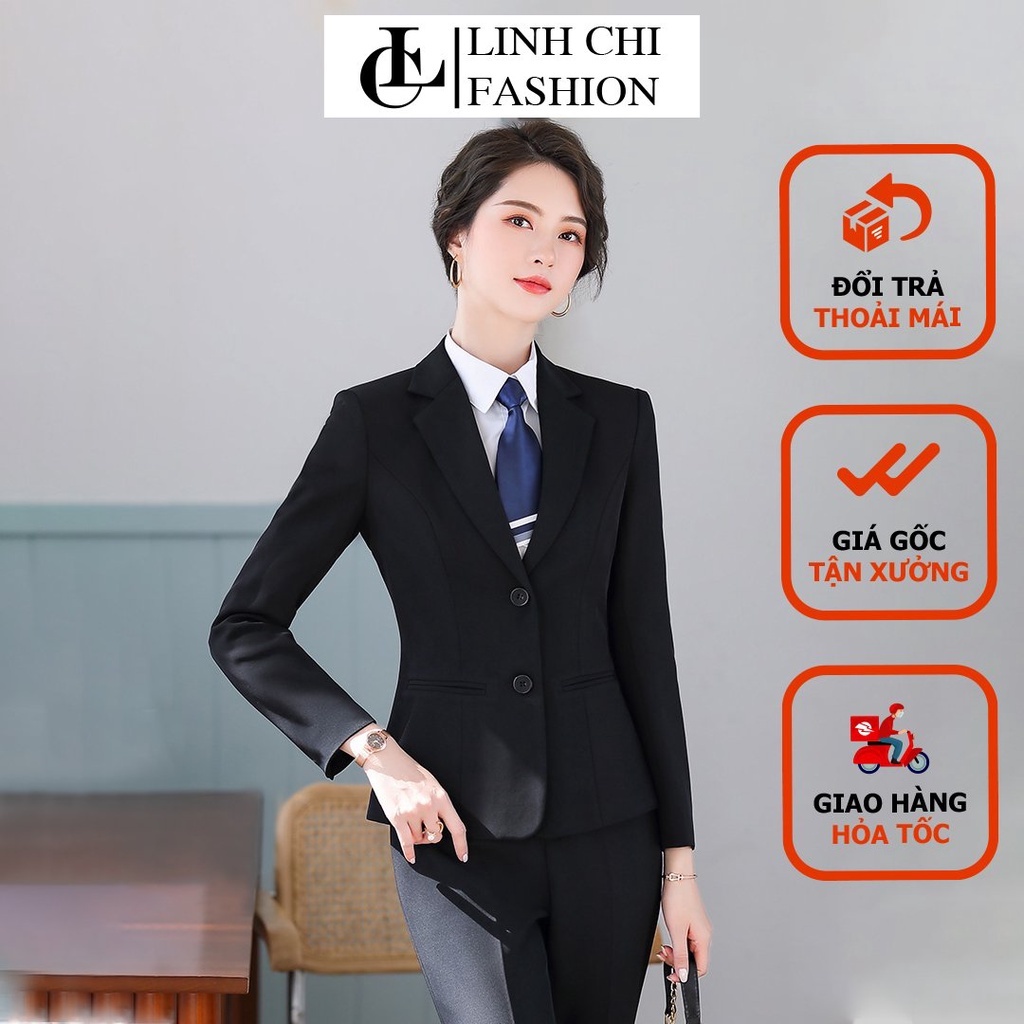 Áo vest nữ công sở tay dài cao cấp LINH CHI  form chuẩn mặc cực tôn dáng có độn vai và túi thật hai bên TD16