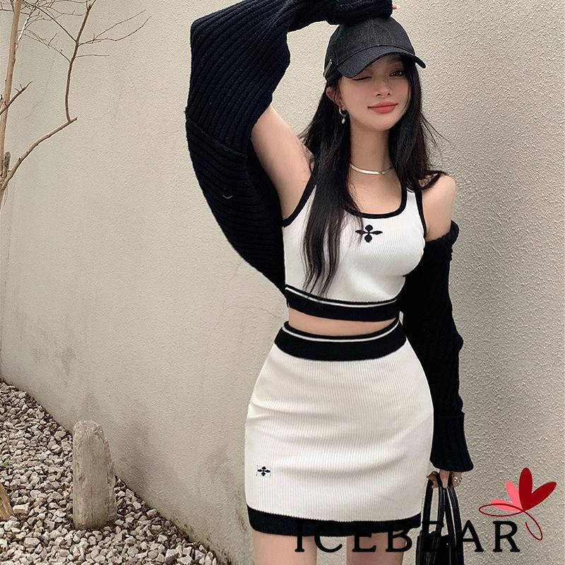 Set Đồ 2 Món Gồm Áo Dệt Kim Không Tay Cổ Chữ U + Chân Váy Ngắn Lưng Cao Màu Sắc Tương Phản Cho Nữ