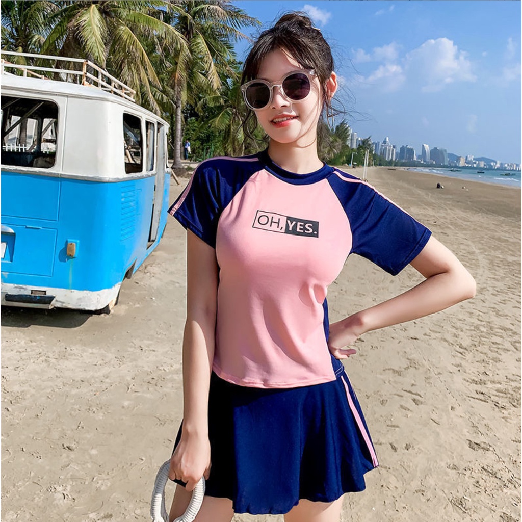 Bộ đồ bơi bikini nữ hai mảnh kín đáo đi tắm biển giấu bụng áo cộc tay váy liền quần - B.22