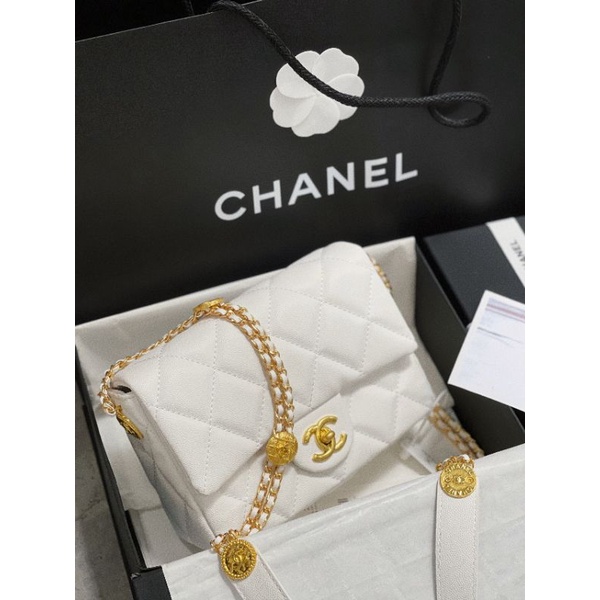 Túi đeo chéo nữ đẹp sz21cm da caviar quai gắn khuy 2 màu đen&amp;trắng fullbox nam châm đẹp dã man