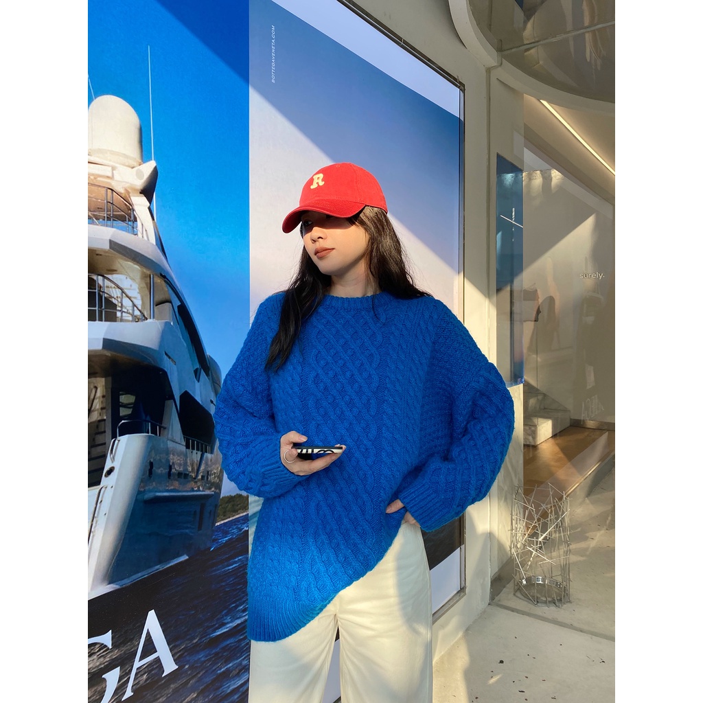 DUNEA Áo Sweater Dệt Kim Dáng Rộng Màu Xanh Dương Phong Cách Hàn Quốc Cho Nữ