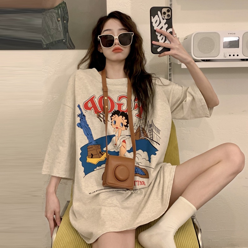 SUXI Áo Thun Tay Ngắn Cổ Tròn In Họa Tiết Chữ Cái Hoạt Hình Dáng Rộng Thời Trang Mùa Hè Cho Nữ