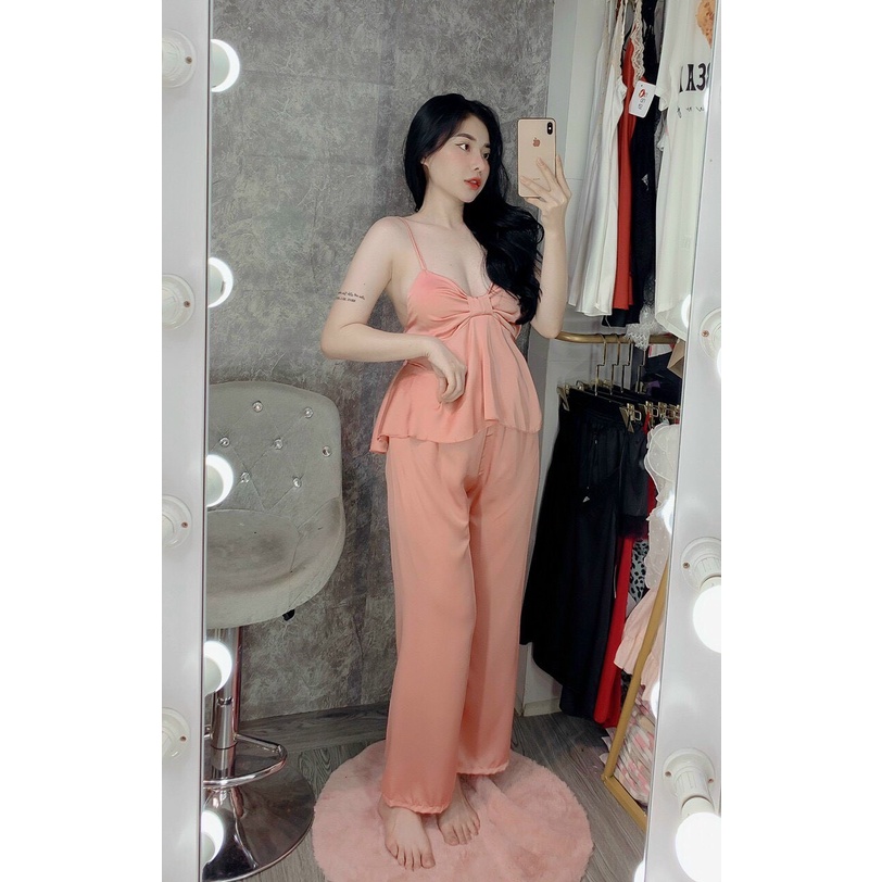 👉Sét đồ ngủ phối nơ 2 dây👉 quần dài lụa satin cao cấp dễ thương