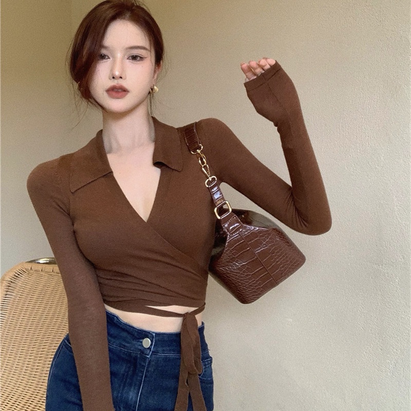 Áo thun dệt kim cổ polo tay dài ôm dáng độc đáo thời trang mùa thu dành cho nữ