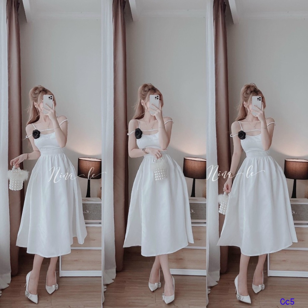 Đầm công chúa dáng dài đi dự tiệc cưới phong cách hàn quốc sexy cá tính, thiết kế 2 dây có mút kèm hoa