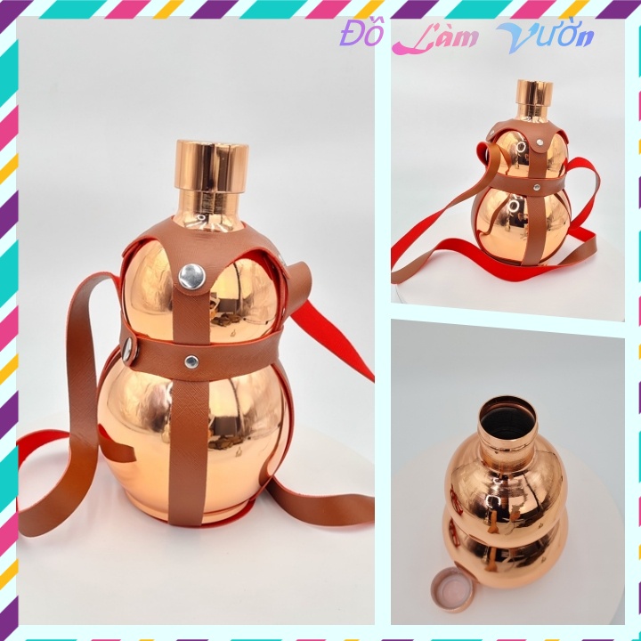 Bình hồ lô Inox 1.6 lít đựng nước màu đồng có bao da lủng