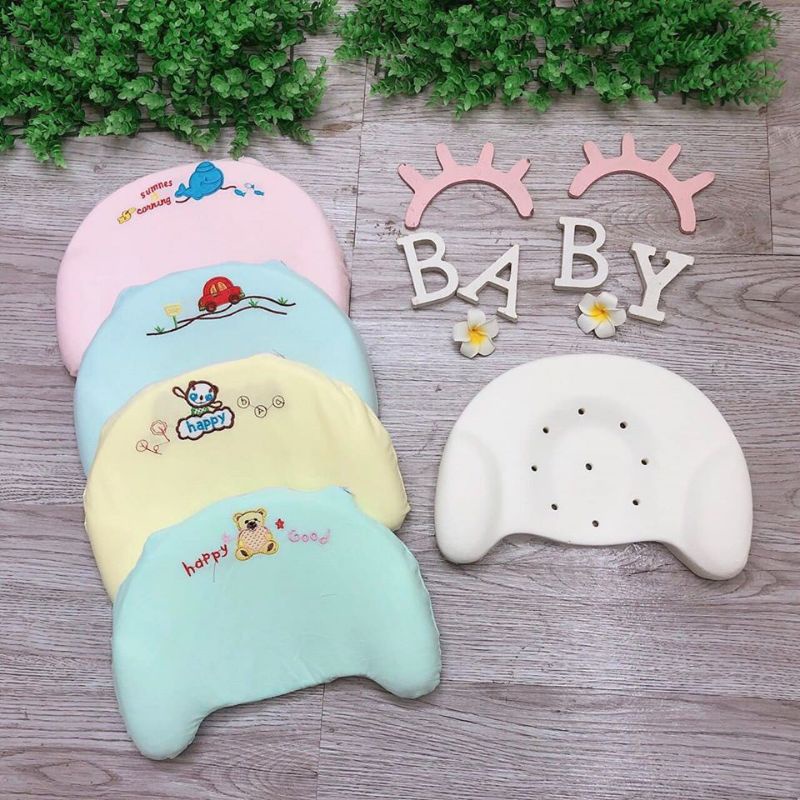 Gối Cao Su Non Chống Méo Đầu cho Bé, Gối Màu Thêu Hình Baby Tâm An