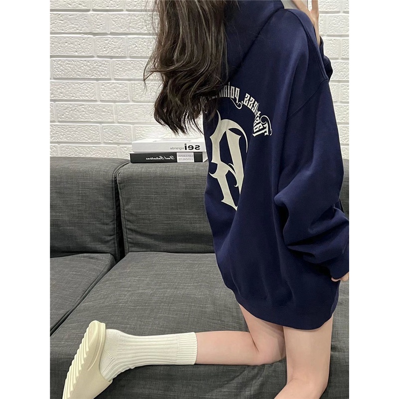 Áo Hoodie Tay Dài Dáng Rộng Màu Xanh Navy Phong Cách Retro Mỹ