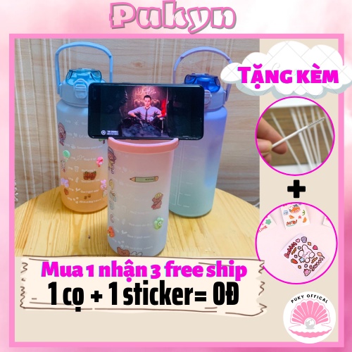 Bình nước 2 lít giữ nhiệt có ống hút ĐỜI MỚI kê được điện thoại tặng sticker và rửa ống hút BN01