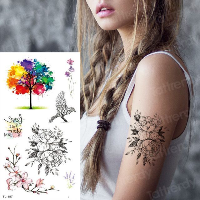 Hình xăm tatoo nhiều mẫu size vừa tl187, hoa mẫu đơn, cây sự sống, hoa, chim, chữ