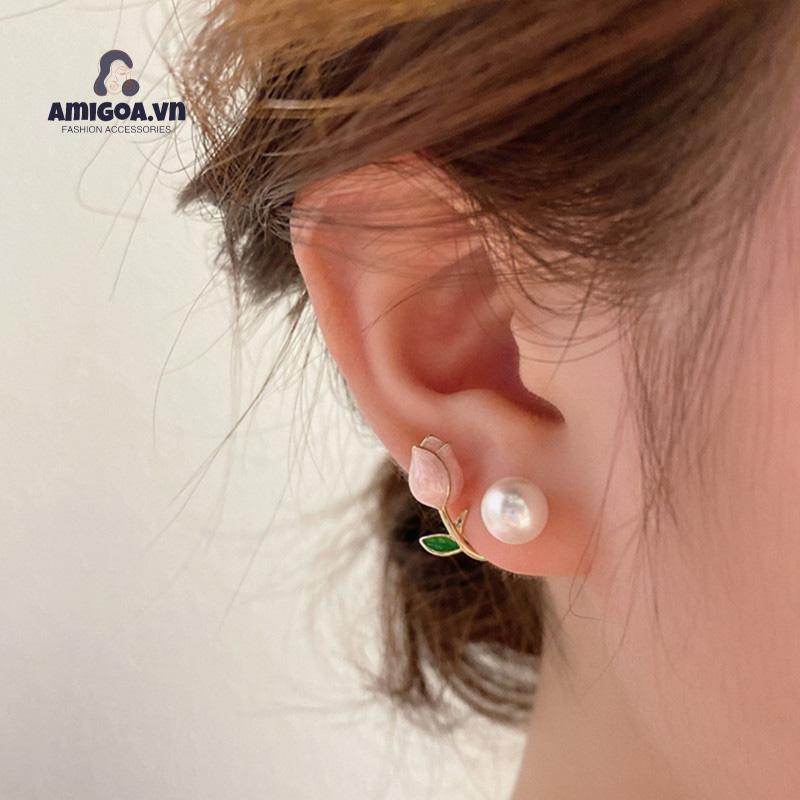✨✨Bông Tai Mạ Bạc 925 Hình Hoa Tulip Đính Ngọc Trai Phong Cách Hàn Quốc Mới 2022