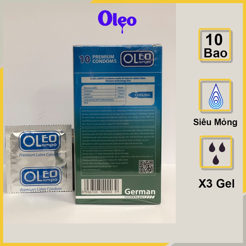 Bao cao su kéo dài thời gian Oleo Lampo Cooling Ultra Thin Long Lasting 10 bao, bcs siêu mỏng nhiều gel