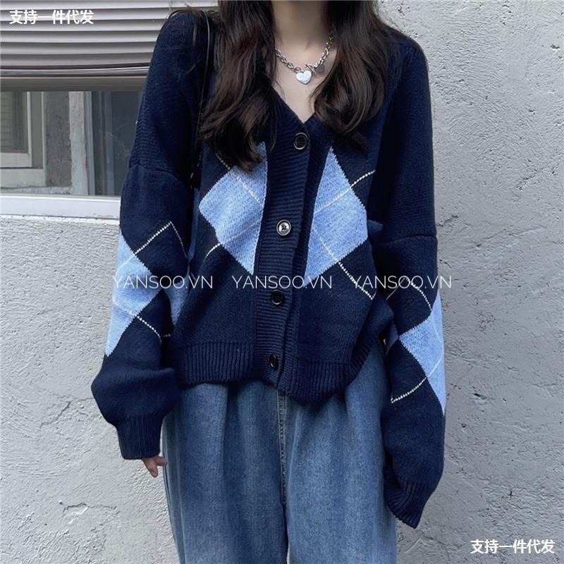 Áo cardigan dệt kim tay dài cổ chữ V phong cách Hàn Quốc , áo khoác len from rộng hoạ tiết hình thoi YANSOO
