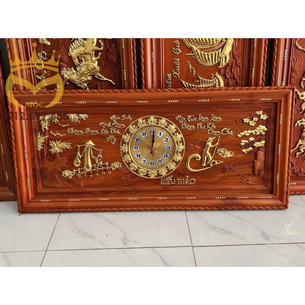Tranh Đồng Hồ Gỗ Hương Thếp Vàng kích thước 48cm x 108cm