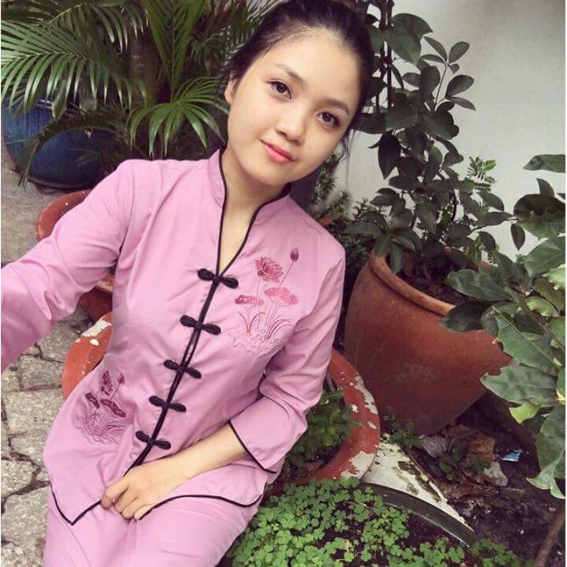 BỘ ĐI CHÙA CỔ TẦU THÊU SEN (mầu tím hồng)