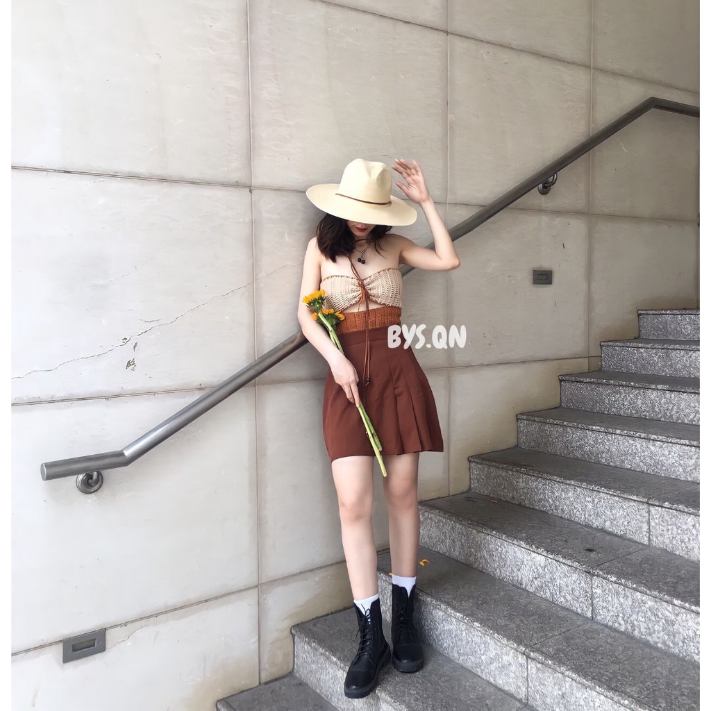 Áo len đan cột nơ phía trước phối hai màu kiểu dáng corset "pansy top"