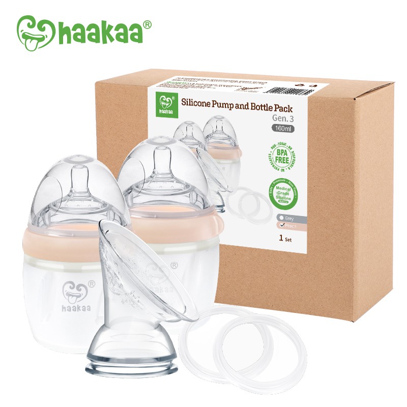 Bộ 2 Bình sữa silicone Gen.3 160ml Haakaa | Kèm Phễu sữa và nắp đậy bình sữa