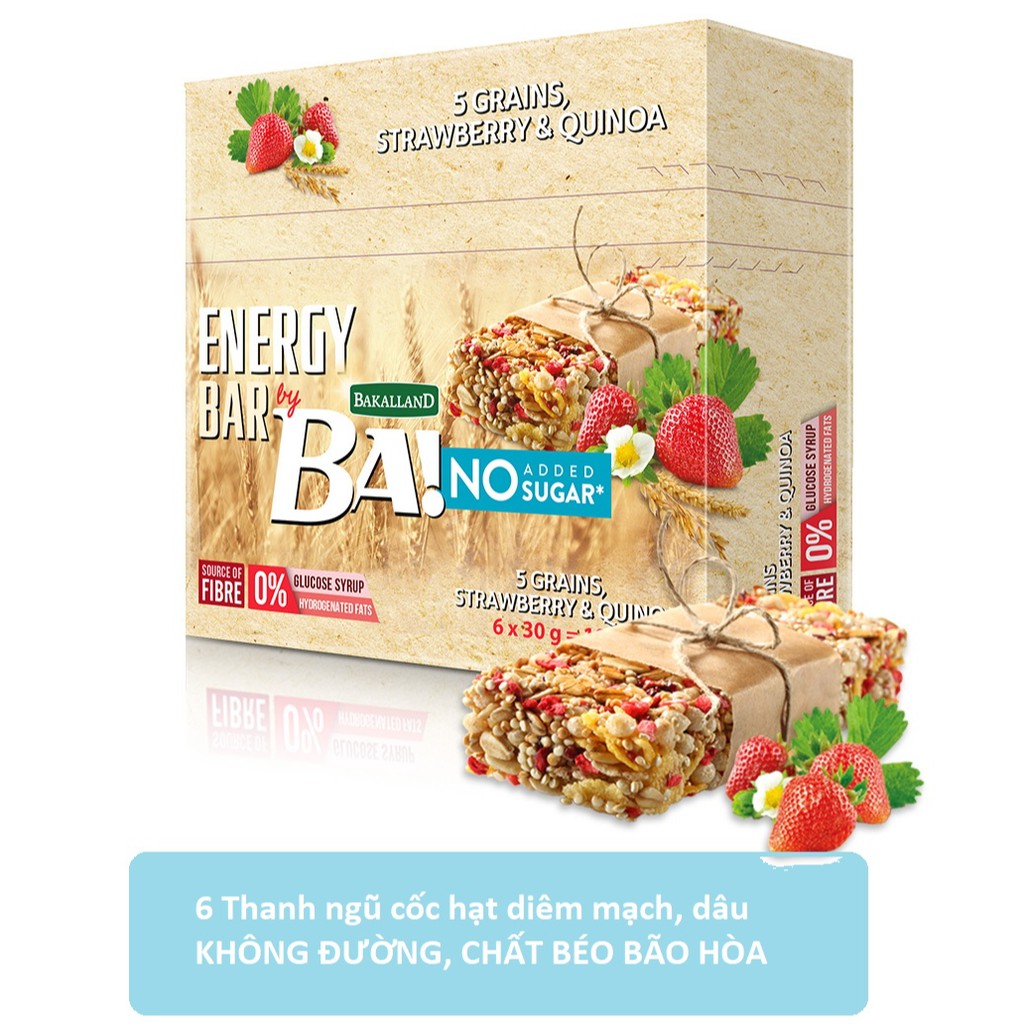 Thanh ngũ cốc ăn sáng giảm cân Bakalland dâu, hạt diêm mạch không đường dinh dưỡng 6 thanh 180g NK Ba Lan - ÂU CHÂU SHOP