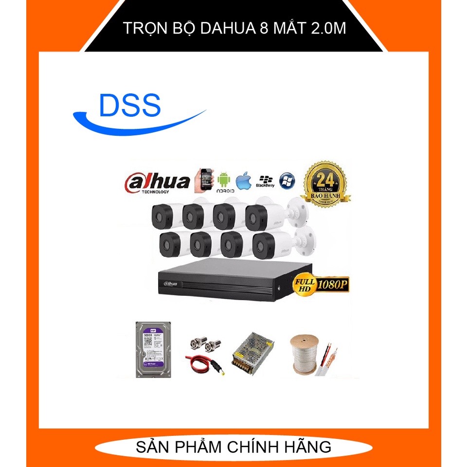 TRỌN BỘ 8 CAMERA DAHUA 2.0MP, FHD 1080P , KÈM HDD (500GB/1TB/2TB),ĐẦY ĐỦ PHỤ KIỆN LẮP ĐẶT