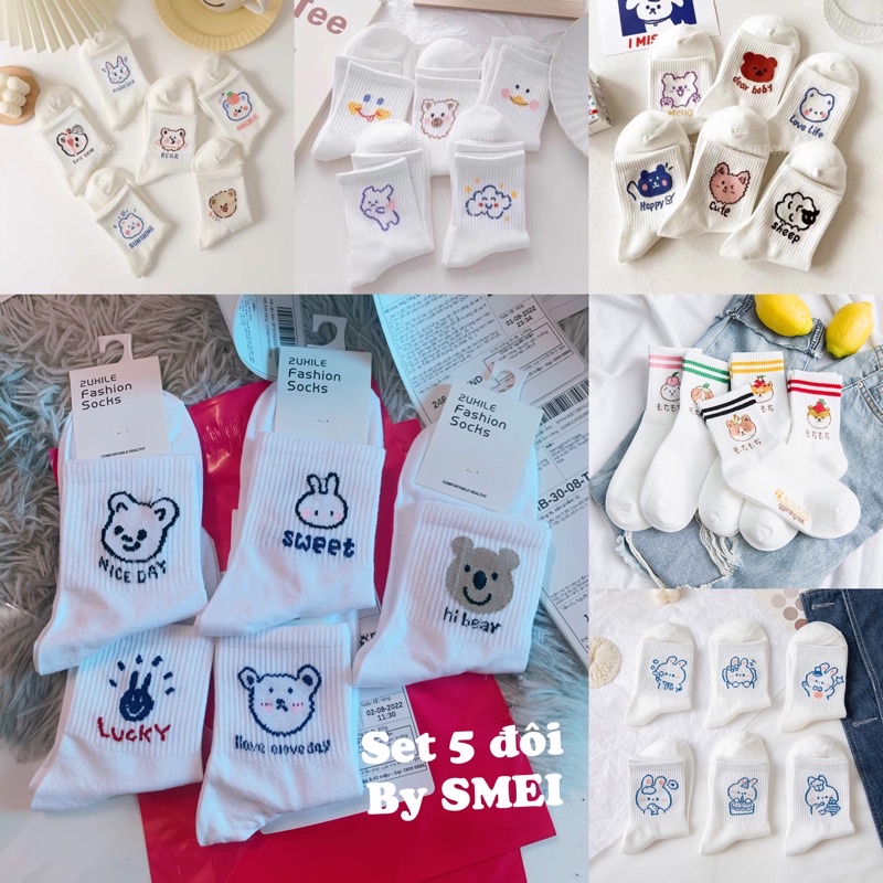 Tất cổ cao, vớ cổ cao nữ trắng họa tiết hình thú xinh xắn vải cotton co giãn thời trang Hàn Quốc