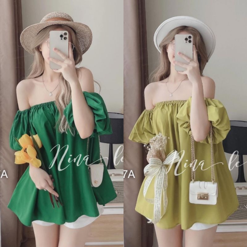 [Ảnh Thật] Áo Trễ Vai Nữ Dáng Rộng Bigsize Áo Babydoll Bẹt Vai Tay Phồng Lụa Xanh Lá/Tím/Xanh Bơ