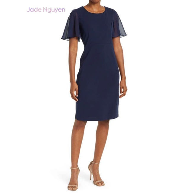 Đầm midi tay áo cài nút màu navy - N4