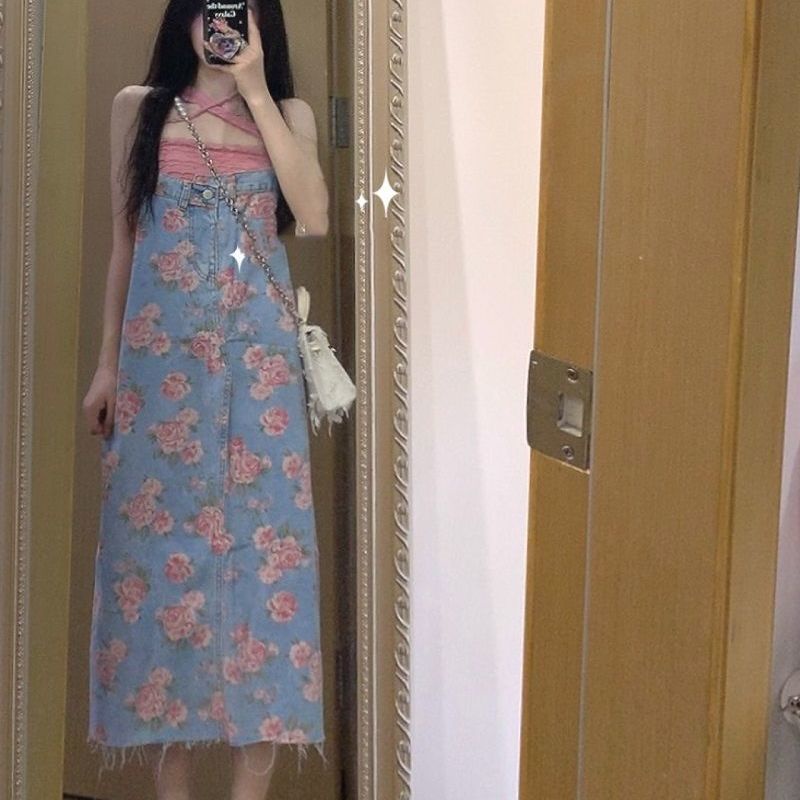 Jiashucheng Xiaoxiangfeng Đầm Hai Dây Denim Mỏng Họa Tiết Hoa Ngọt Ngào Xinh Xắn Cho Nữ
