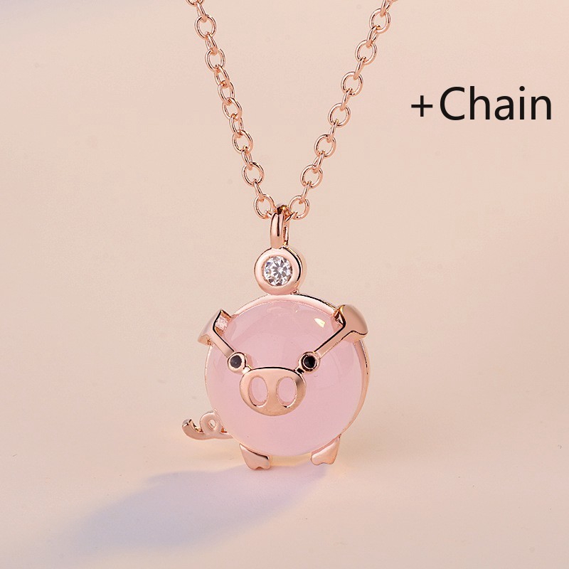 Dây chuyền bạc mặt hình chú Hợi đính pha lê màu hồng phong cách Trung Hoa dành cho bạn nữ