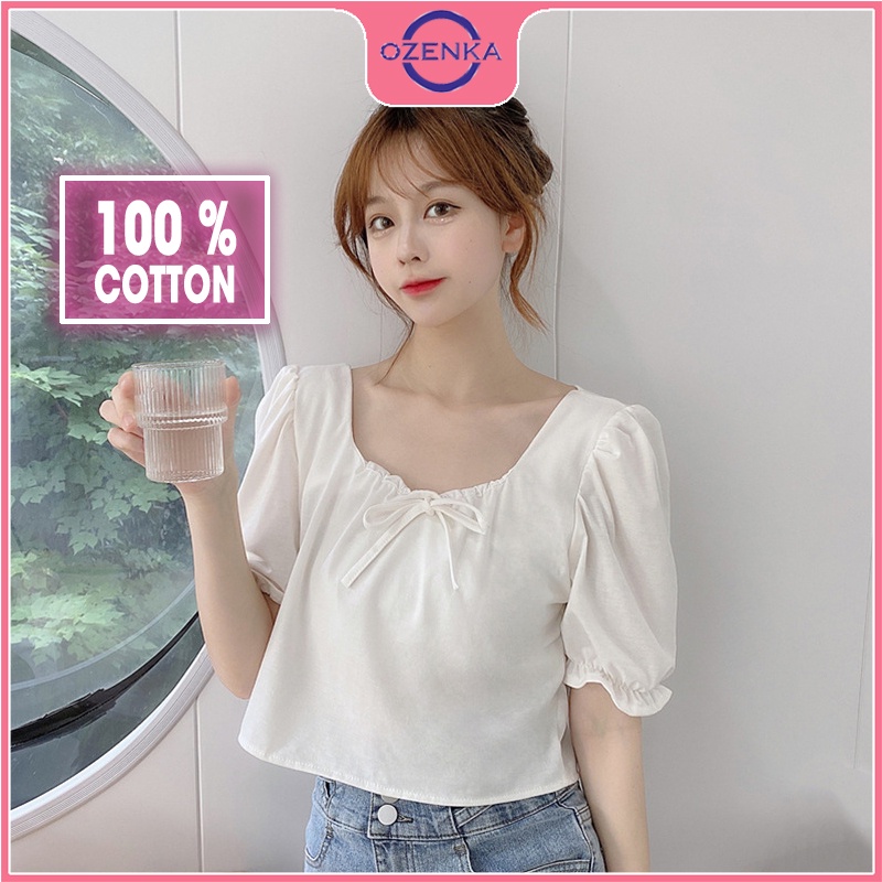 Áo croptop kiểu Hàn Quốc rộng tay lỡ nữ OZENKA , áo thun ngắn cổ vuông form rộng điệu đà đen trắng mặc đi học đi chơi