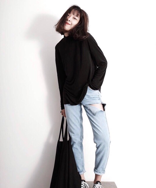 Quần slim baggy jeans xẻ đùi gấp ulzzang kèm ảnh thật