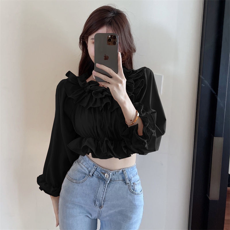 COZOK Áo Sơ Mi Crop Top Lệch Vai Một Dây Nhún Bèo