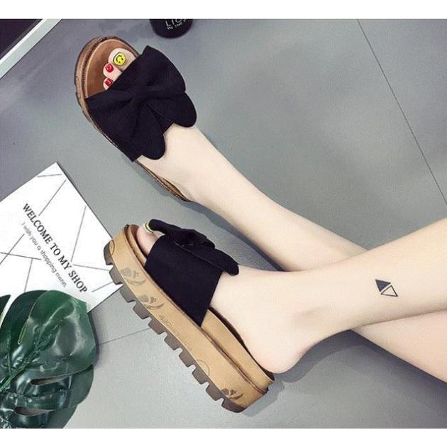 Dép cao gót, dép đế xuồng cao gót 5cm bản đen tai thỏ