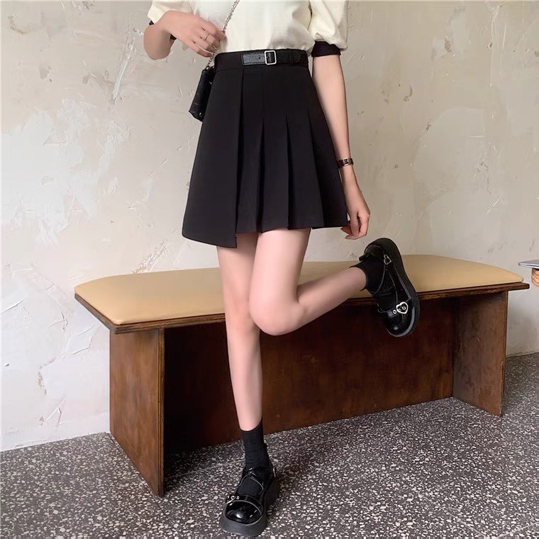 Chân váy A dáng ngắn xếp ly lệch giả đai lưng cá tính THUS THUS518