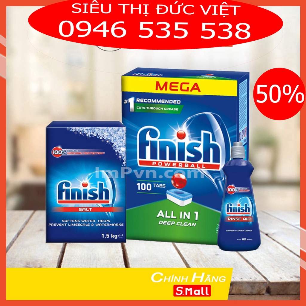 Combo Viên rửa bát Finish Hộp All in one  90 viên + Muối finish 1.5kg + Nước trợ xả và làm bóng bát finish 400ml