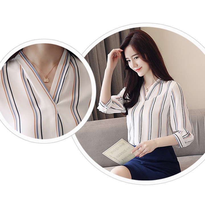 Áo sơ mi công sở nữ cổ V kẻ sọc sang trọng kiểu Hàn Quốc