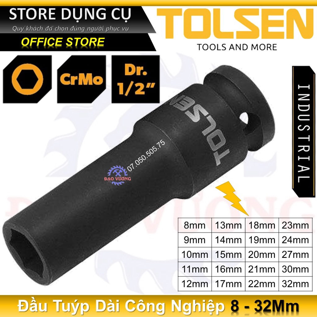 Đầu Tuýp Đen 1/2 DÀI ( CÔNG NGHIỆP ) TOLSEN 18258 (Chọn Size: 8-32mm) / Đầu khẩu công nghiệp thép Cr-Mo cao cấp