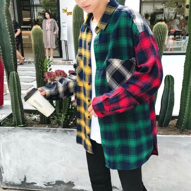 &lt;&lt;Có sẵn&gt;&gt; Áo sơ mi flannel caro tay dài phối màu phong cách Hàn quốc dành cho nam trẻ trung cá tính