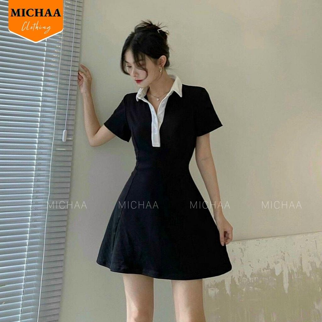 Đầm Váy Body CỔ POLO Phối Trắng Nữ Kiểu Tay Ngắn Dáng Xoè Tôn Dáng Mặc Đẹp - MICHAA