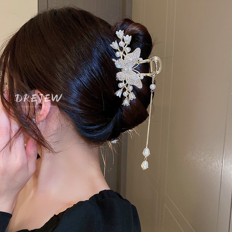 DREJEW Kẹp Tóc Tua Rua Hình Bướm Đính Đá Ngọc Trai Sang Trọng Phong Cách Nhật Hàn Cho Nữ