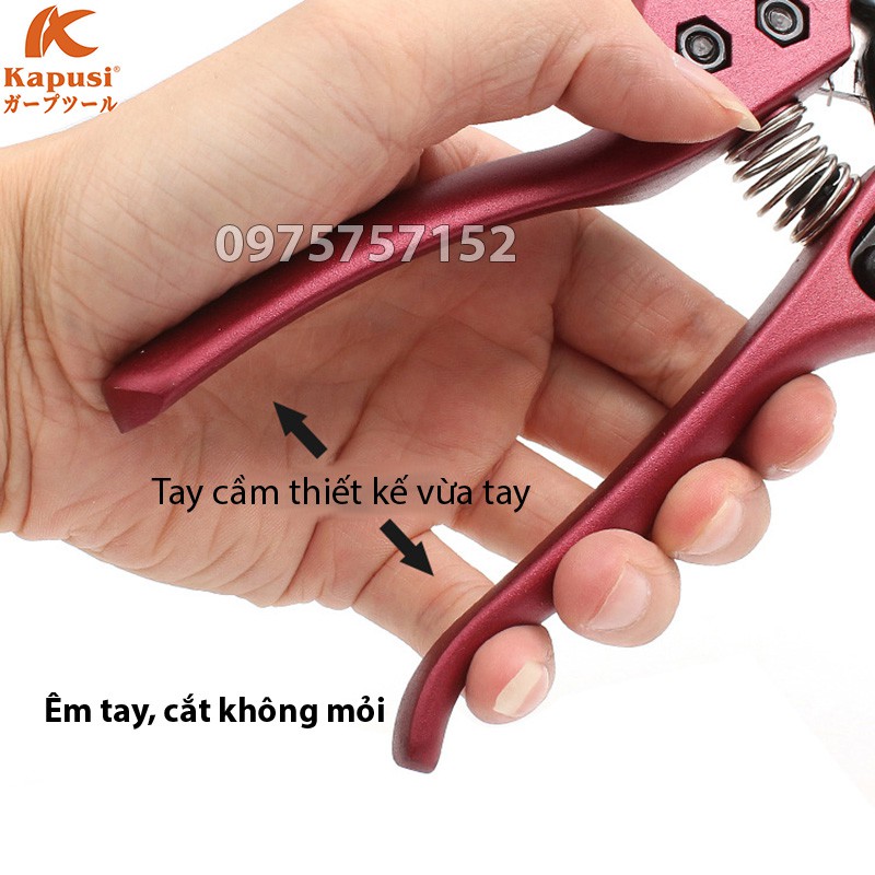 Kéo cắt cành lưỡi cong trợ lực Nhật Kapusi JAPAN thép SK5 siêu sắc phủ Teflon chống dính, cán hợp kim nhôm đúc siêu bền