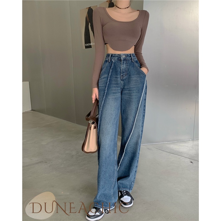 DUNEA Quần Jean Dài Lưng Cao Ống Rộng Thiết Kế Quyến Rũ Cho Nữ