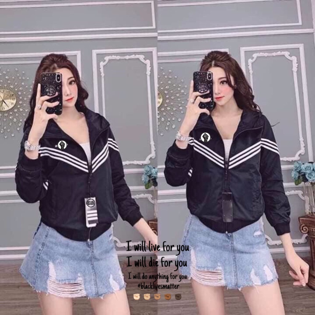 Áo khoác dù nữ có mũ chống nắng form rộng phối 3 sọc viền chữ V ấn tượng MQ Fashion KD10