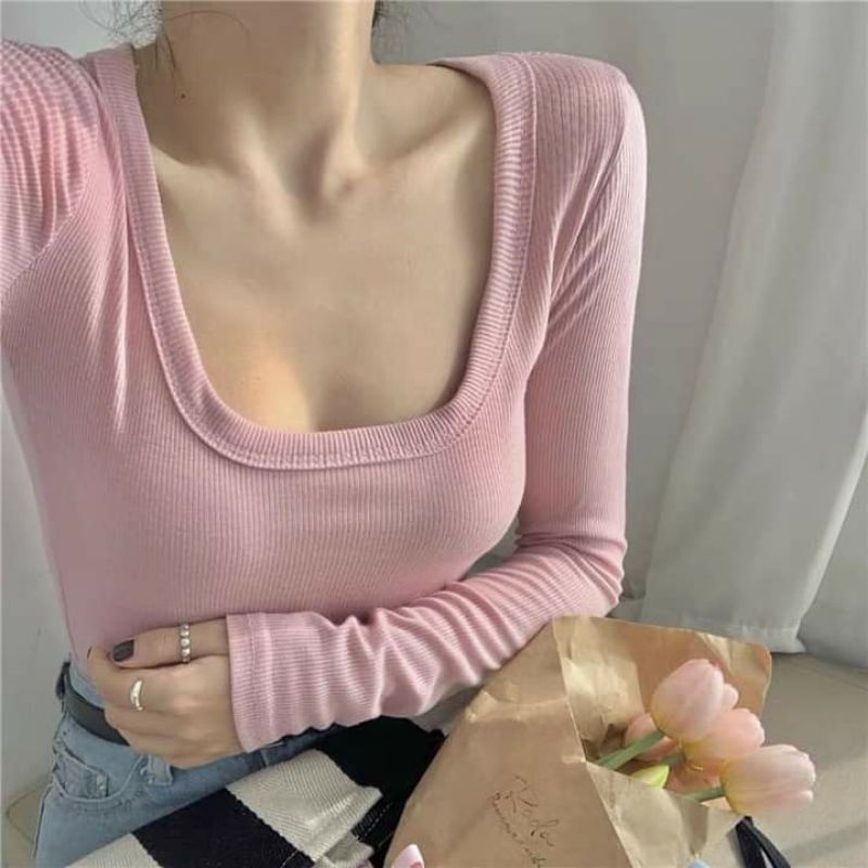Áo croptop thun gân cổ vuông tay dài 🌿